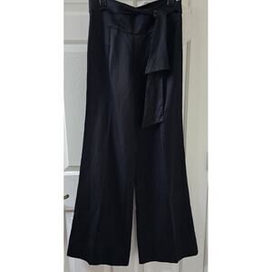 Anthropologie Elevenses Wide Leg Flare Belt Satin Tuxedo Black Pants Size 6 NEW